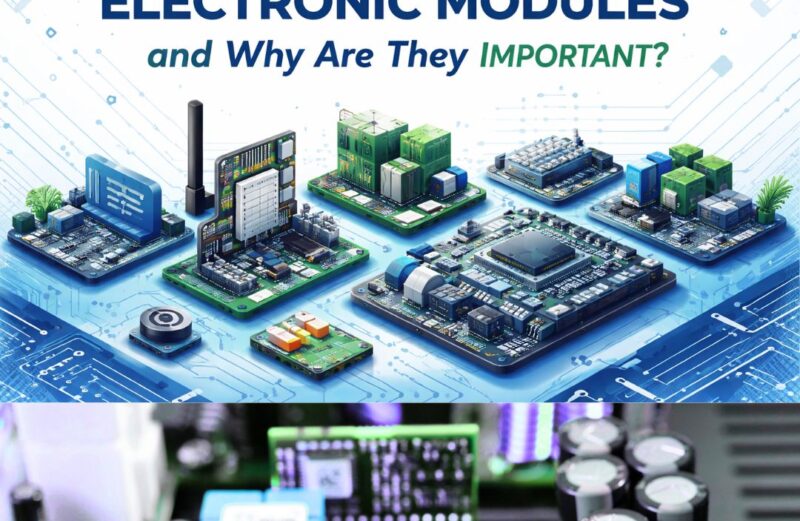 “Electronic modules used in modern electronics including power, sensor, communication, and microcontroller modules on PCB boards.”