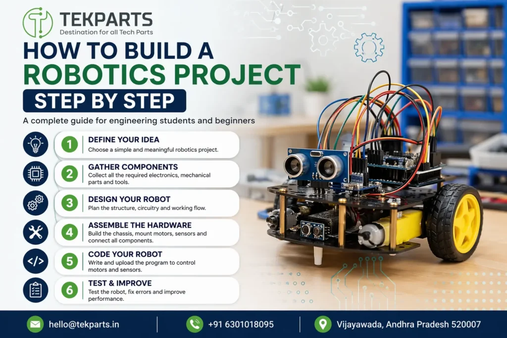 "Infographic showing step-by-step robotics project guide for engineering students using electrical and mechanical project kits"